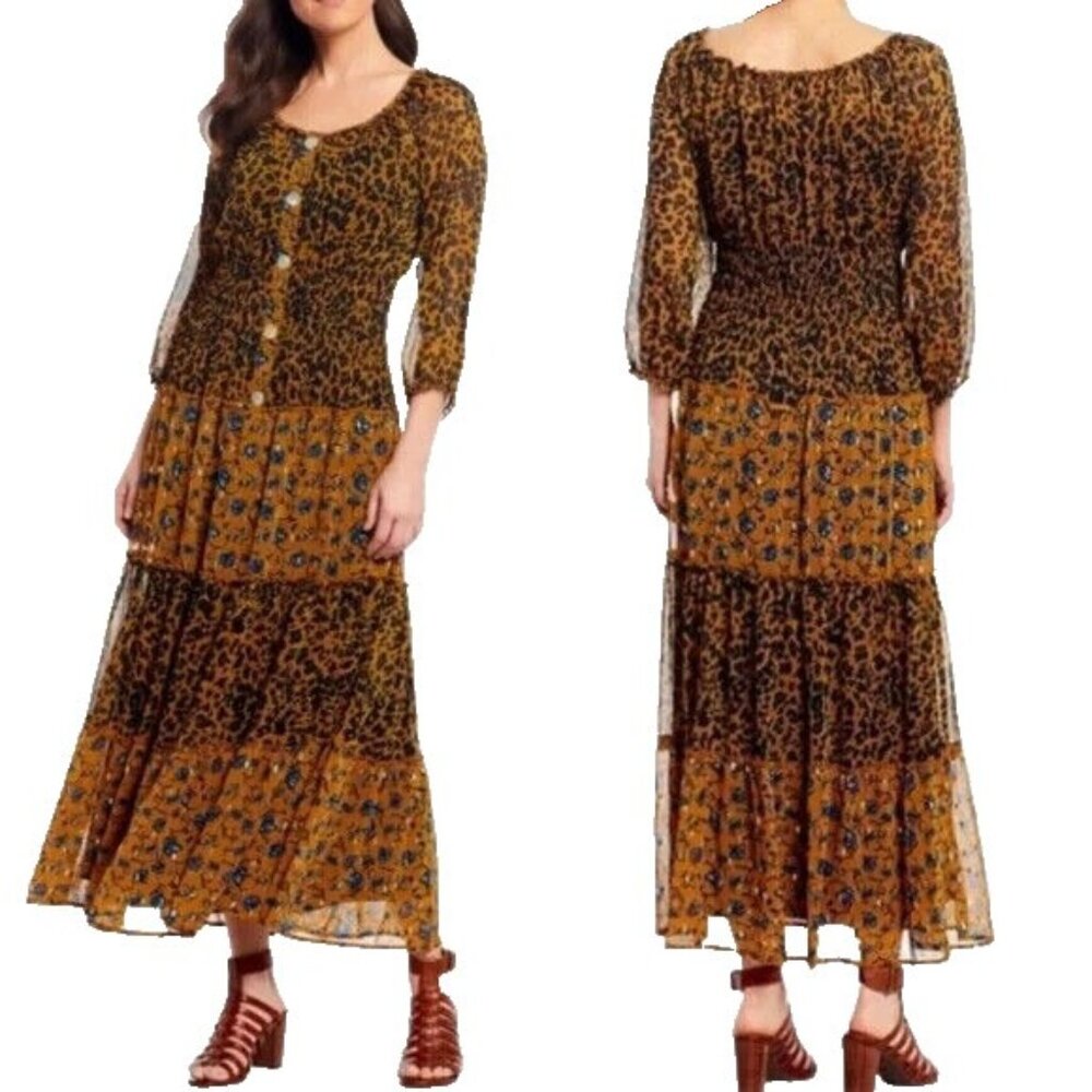 Figueroa & Flower Size Small Leopard & Floral Tiered Semi-Sheer Boho Maxi DRESS